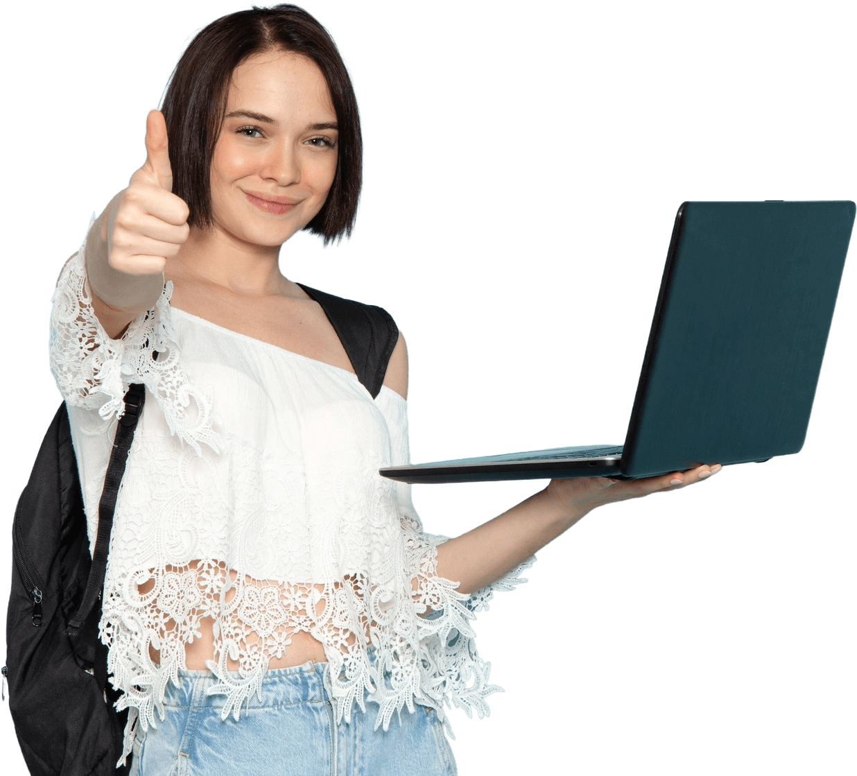 Learner giving thumbs up while holding a laptop