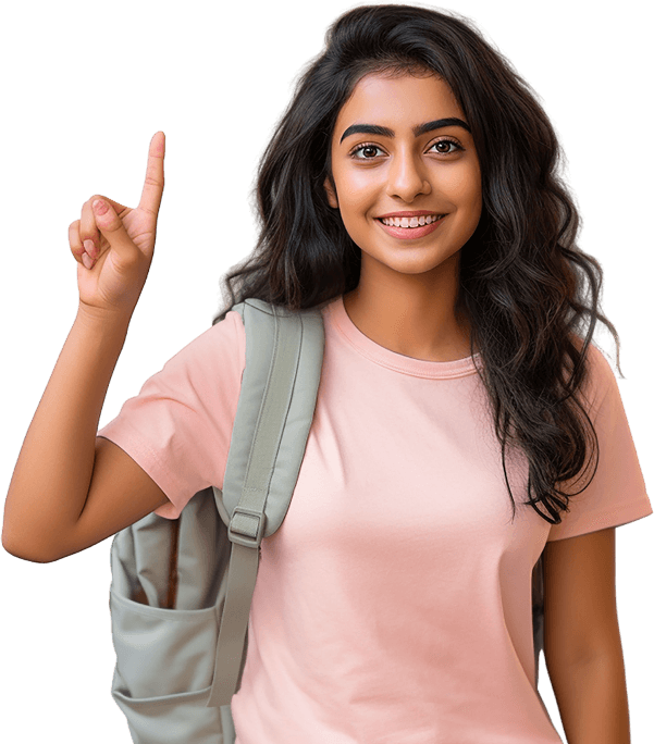 Smiling student pointing upward while wearing a backpack