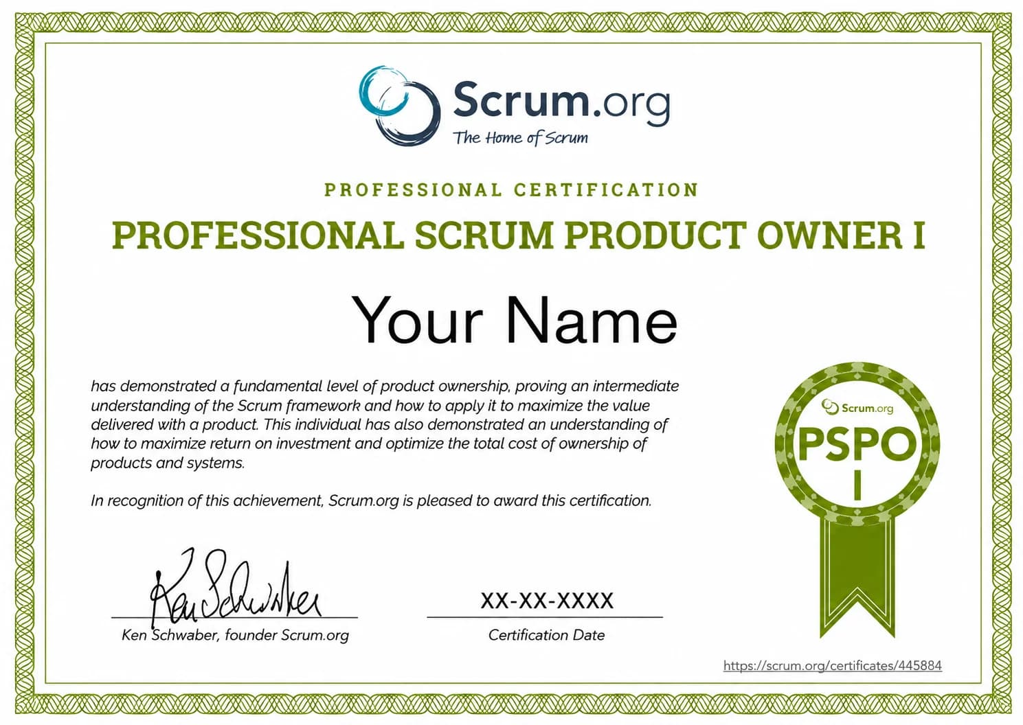 Professional Scrum Product Owner I (PSPO I) certificate sample