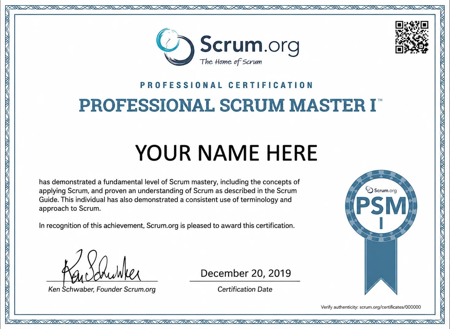 Professional Scrum Master I (PSM I) certificate sample